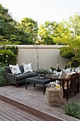 Comfortable, lounge-style seating area on wooden deck