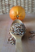 Spelt grains on a wooden spoon in front of an orange