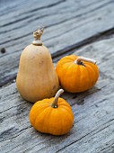 Fresh pumpkins on a wooden surface