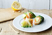Cos lettuce rolls with avocado and salmon