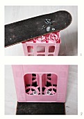 DIY instructions for making stool out of pink drinks crate bolted to old skateboard
