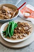 Veal in a mushroom marsala sauce with green beans