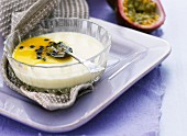 White chocolate pudding with passion fruit sauce