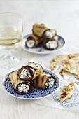 Aubergine rolls with dill yoghurt and pita bread