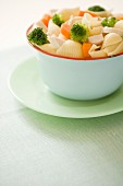 Shell pasta with broccoli, carrots and tofu