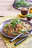 Beef salad with noodles, vegetables and coriander
