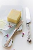 Pecorino cheese with a knife on a chopping board