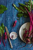 Heirloom beetroot with a bowl of salt