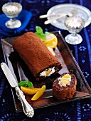 Chocolate Swiss roll with peaches
