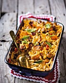 Macaroni and cheese with vegetables and sausage