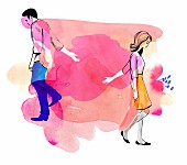 Illustration; couple going their separate ways on background of blended areas of colour