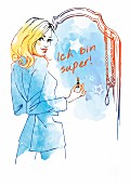 Junge Frau hat mit Lippenstift 'Ich bin super!' an den Spiegel geschrieben, Illustration