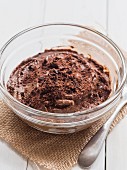 Vegan avocado chocolate mousse in a glass bowl