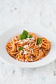 Spaghetti with tomato sauce, fresh basil and Parmesan cheese
