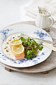 Poached salmon fillet with a pink pepper sauce, lemons and salad