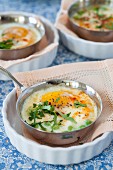 Oeufs cocotte with mushrooms and peas