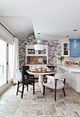 Kitchen with blue and white cabinets