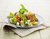 Pasta salad with feta cheese and meatballs