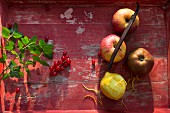 Frische Äpfel, Zitrone, Vanilleschote, rote Johannisbeeren und Minze