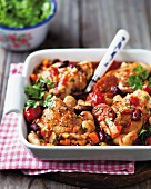 Chicken bake with chorizo and beans