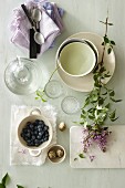 An arrangement of blueberries and duck eggs