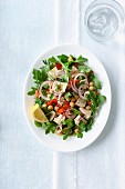 Salat mit roten Zwiebeln, Thunfisch, Kichererbsen, Paprika und Zitrone