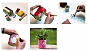 Instructions for painting and covering tin cans with paper as idea for decorative herb pots