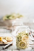 Elderflowers, lemon slices and sugar in preserving jar for making elderflower lemonade