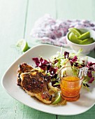 Pork chops with a marmalade and chilli glaze and an apple and cabbage salad