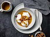 Vanilla ice cream with salted butter caramel sauce and walnuts