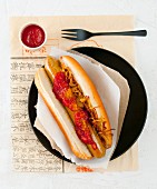 A hot dog with crispy onions and ketchup (Asia)