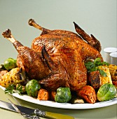 Roast turkey with Brussels sprouts, corn cobs and sweet potatoes