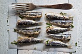 Sardines coated with breadcrumbs and parsley