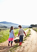 Two children carrying picnic basket along farm track