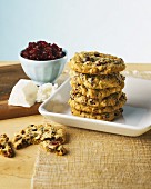 A stack of white chocolate cranberry cookies