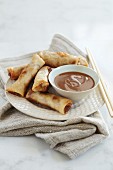 Deep fried spring rolls with a peanut dip (Asia)