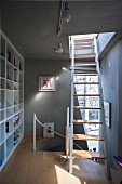 Narrow landing with fitted shelving and ladder leading to roof terrace