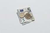 A five Euro note and coins