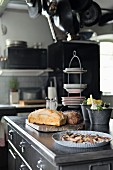 Dried mushrooms and various types of bread on island counter