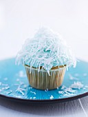 A coconut and Blue Curacao cupcake