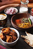 Grilled paneer, ingredients and spices for paneer tikka masala (India)