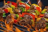Beef skewers with peppers on a flaming barbecue
