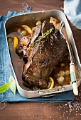 Leg of venison with grapes and lemons