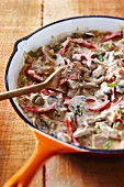 Pork stroganoff with peppers and mushrooms
