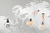 Floral summer scents – five bottles of perfume on a grey botanic-patterned surface
