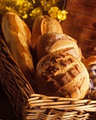 Various types of white bread in a breadbasket