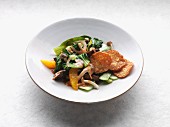 Flash-fried bok choy with enoki mushrooms, shiitake mushrooms and orange sauce