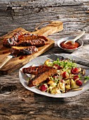 Grilled vegetarian ribs with barbecue sauce and a kohlrabi salad