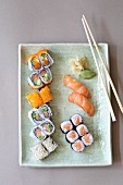 A sushi platter with ginger and wasabi (seen from above)