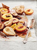 Honey-fried fruits on parchment paper